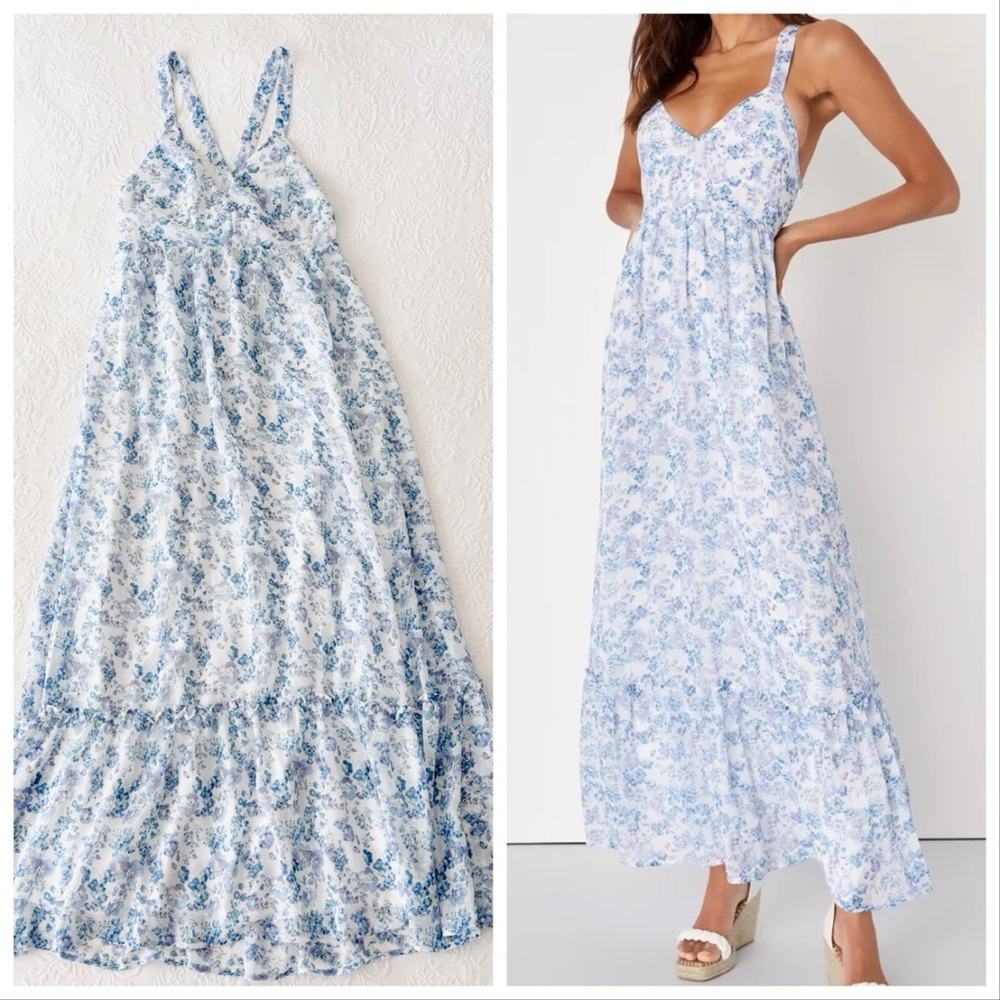 NWOT Lulus My Love Story White Floral Print Tie-Back Maxi Dress Medium